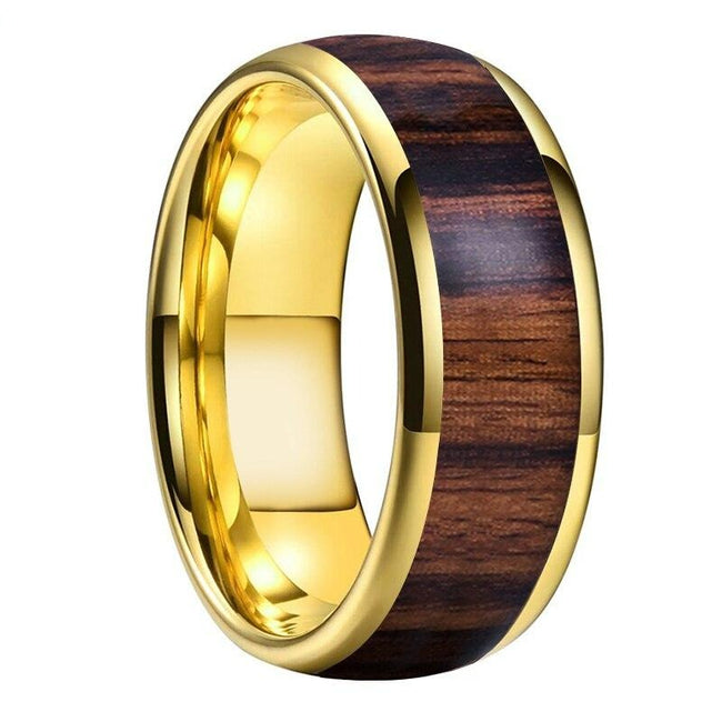 Yellow Gold Koa Wood Inlay Tungsten Mens Wedding Band Ring