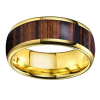 Yellow Gold Koa Wood Inlay Tungsten Mens Wedding Band Ring
