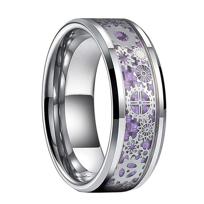 Silver Steampunk Clockwork Tungsten Mens Wedding Band Ring with Purple Carbon Fiber Inlay