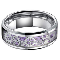 Silver Steampunk Clockwork Tungsten Mens Wedding Band Ring with Purple Carbon Fiber Inlay