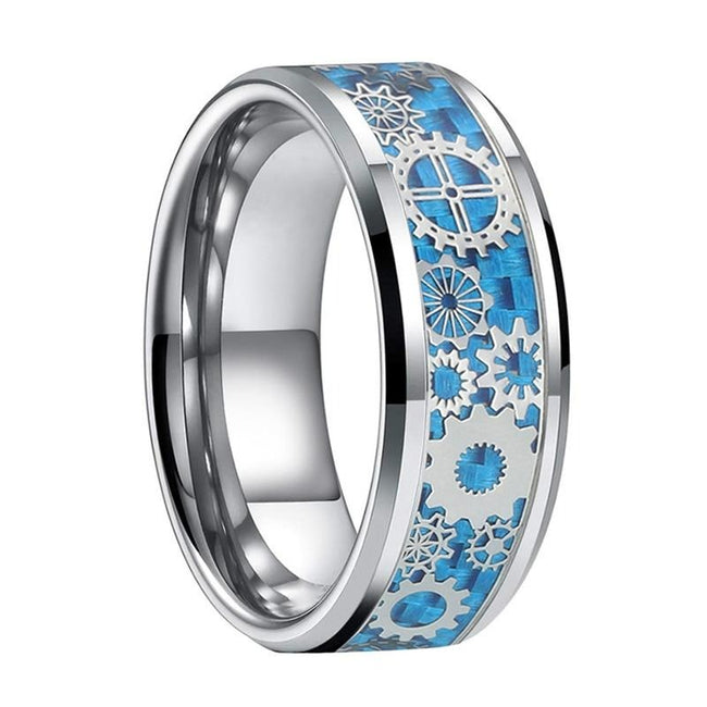 Silver and Blue Gear Steampunk Clockwork Tungsten Mens Wedding Band Ring