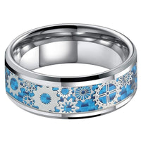 Silver and Blue Gear Steampunk Clockwork Tungsten Mens Wedding Band Ring