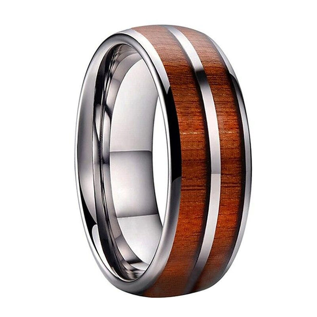 Silver Double Koa Wood Inlay Tungsten Mens Wedding Band Ring