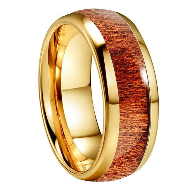 Yellow Gold Koa Wood Inlay Tungsten Mens Wedding Band Ring