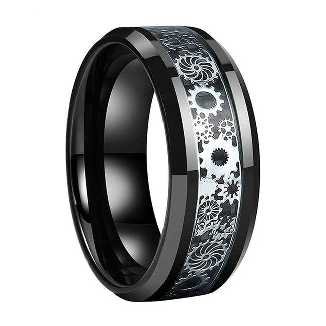 Black and Silver Gear Steampunk Clockwork Tungsten Mens Wedding Band Ring