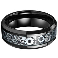 Black and Silver Gear Steampunk Clockwork Tungsten Mens Wedding Band Ring