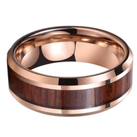 Rose Gold Koa Wood Inlay Tungsten Mens Wedding Band Ring