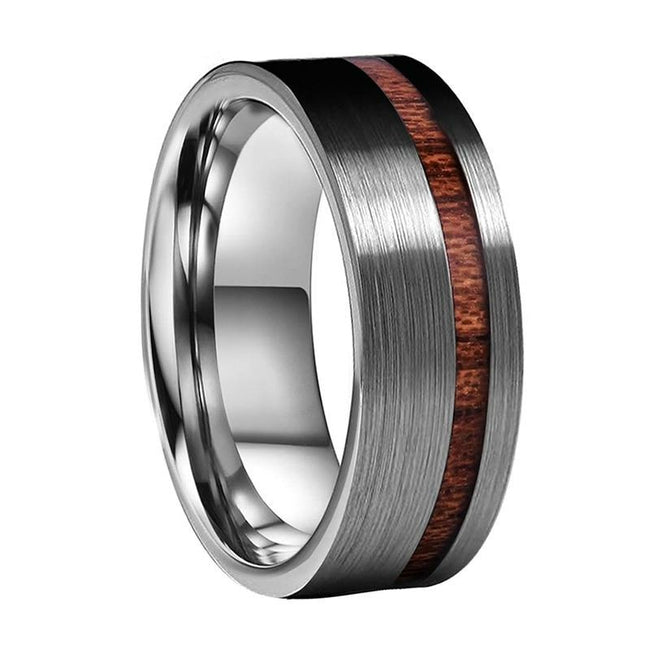 Silver Offset Koa Wood Inlay Tungsten Mens Wedding Band Ring