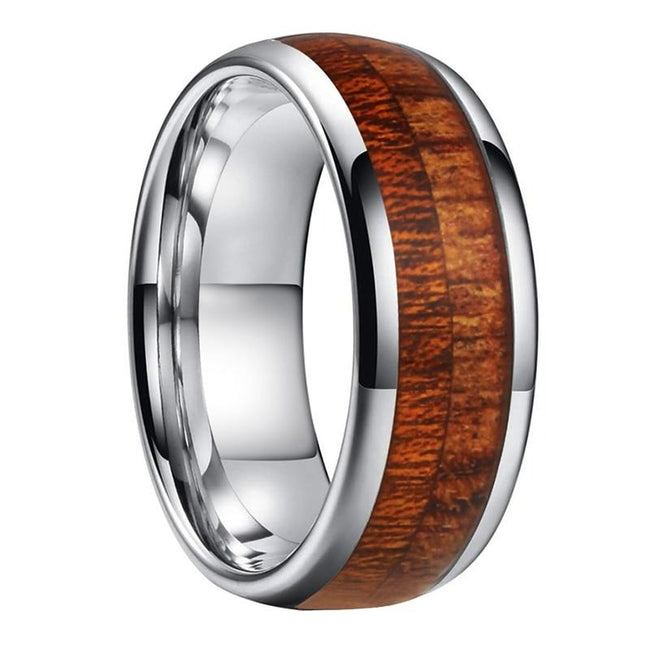 Silver Wood Inlay Tungsten Mens Wedding Band Ring