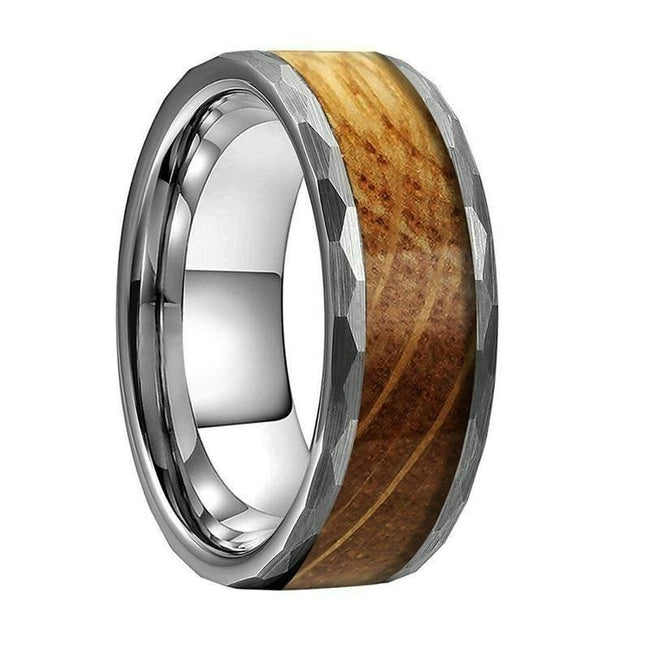 Silver Hammered Whiskey Barrel Wood Inlay Tungsten Mens Wedding