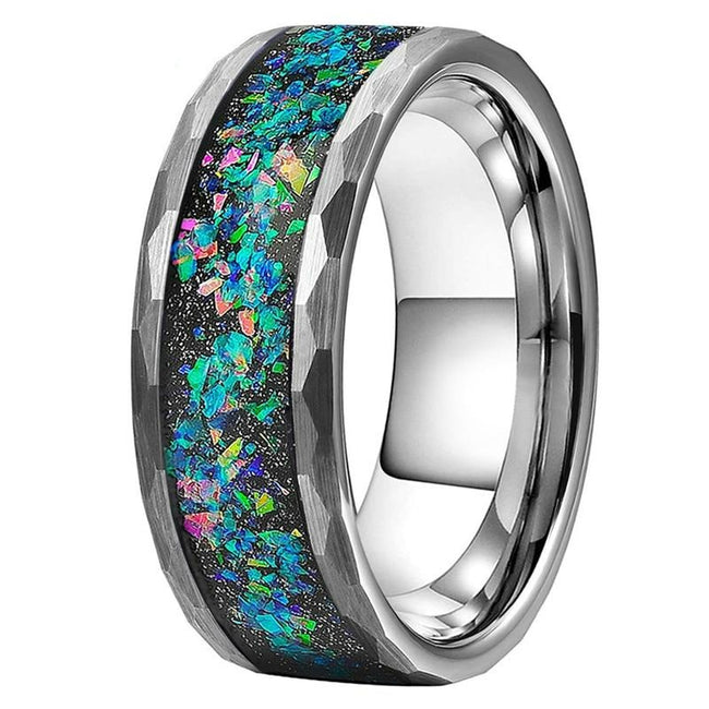 Silver Multi Faceted Galaxy Opal Inlay Tungsten Wedding Band Ring for Men