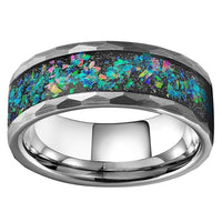 Silver Multi Faceted Galaxy Opal Inlay Tungsten Wedding Band Ring for Men