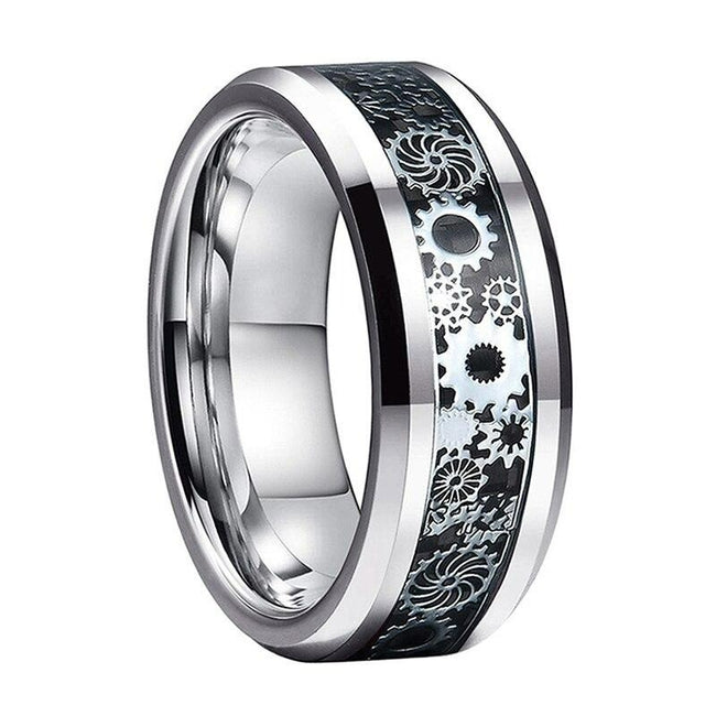 Silver Gear Steampunk Clockwork Tungsten Mens Wedding Band Ring with Black Carbon Fiber Inlay