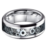 Silver Gear Steampunk Clockwork Tungsten Mens Wedding Band Ring with Black Carbon Fiber Inlay