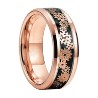 Rose Gold Gear Steampunk Clockwork Tungsten Mens Wedding Band Ring with Black Carbon Fiber Inlay