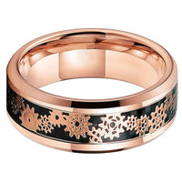 Rose Gold Gear Steampunk Clockwork Tungsten Mens Wedding Band Ring with Black Carbon Fiber Inlay