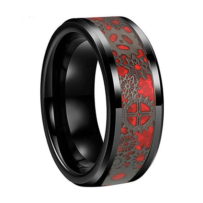 Red and Black Gear Steampunk Clockwork Tungsten Mens Wedding Band Ring