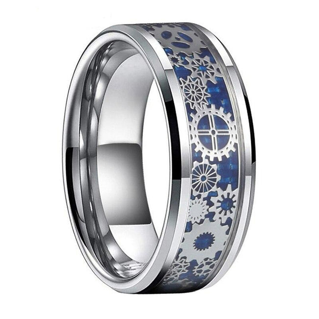 Blue and Silver Gear Steampunk Clockwork Tungsten Mens Wedding Band Ring