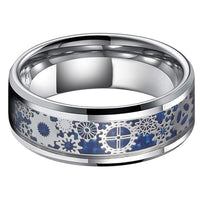 Blue and Silver Gear Steampunk Clockwork Tungsten Mens Wedding Band Ring