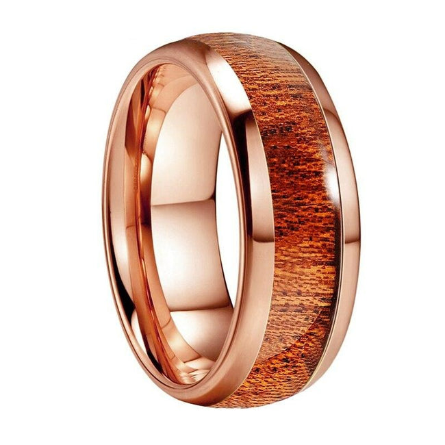 Rose Gold Koa Wood Inlay Tungsten Mens Wedding Band Ring