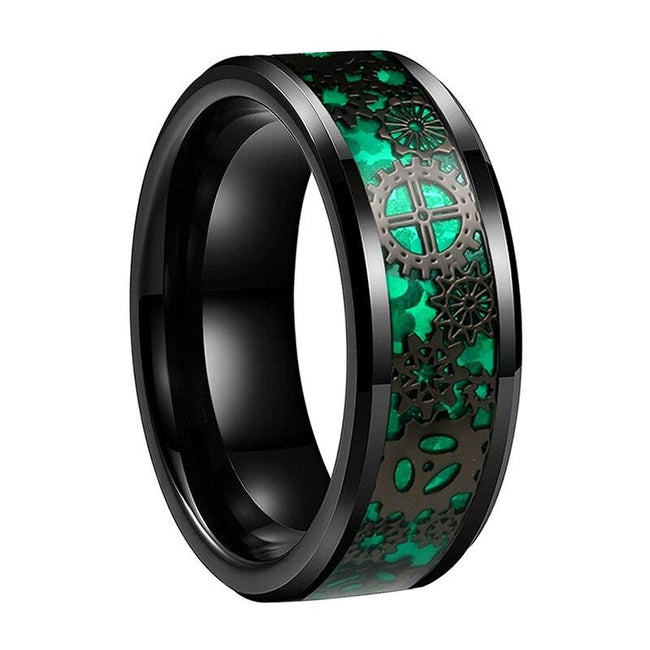 Black and Green Gear Steampunk Clockwork Tungsten Mens Wedding Band Ring