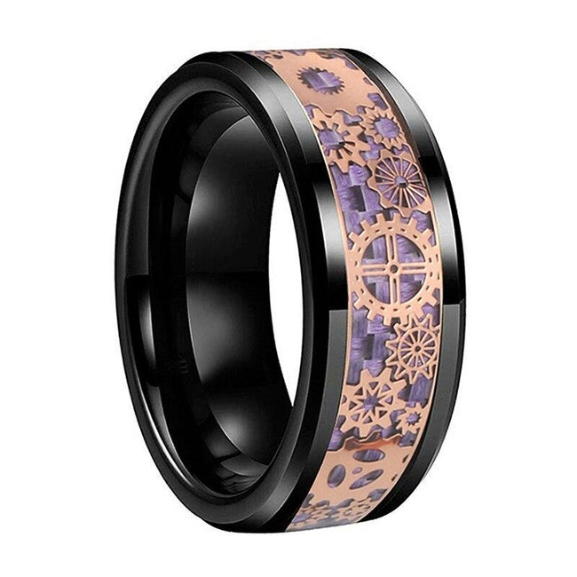 Rose Gold and Black Gear Steampunk Clockwork Tungsten Mens Wedding Band Ring with Purple Carbon Fiber Inlay