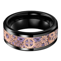 Rose Gold and Black Gear Steampunk Clockwork Tungsten Mens Wedding Band Ring with Purple Carbon Fiber Inlay