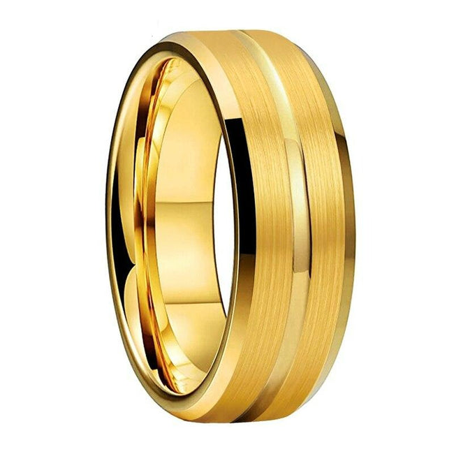 Yellow Gold Grooved Tungsten Wedding Band Ring for Men with Beveled Edges