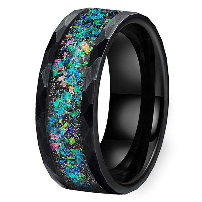 Black Multi Faceted Galaxy Opal Inlay Tungsten Wedding Band Ring for Men