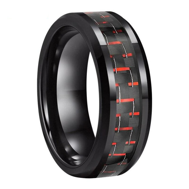 Black and Red Carbon Fiber Tungsten Mens Wedding Band Ring