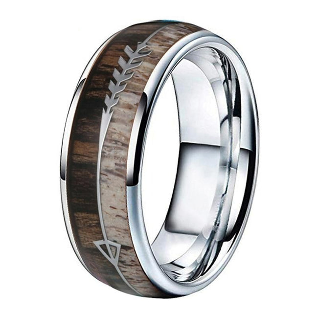 Silver Deer Antler and Koa Wood Arrow Inlay Tungsten Wedding Band Ring for Men