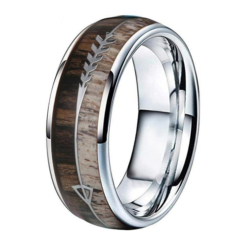 Silver Deer Antler and Koa Wood Arrow Inlay Tungsten Wedding Band
