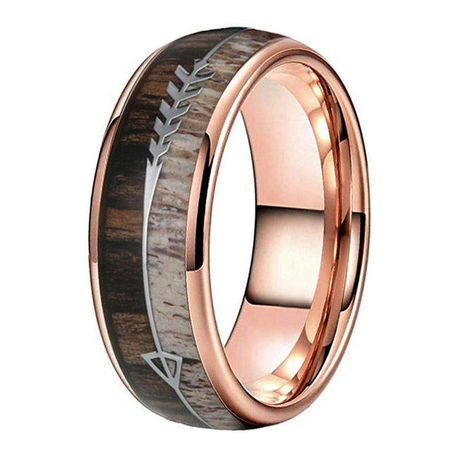 Rose Gold Deer Antler and Koa Wood Arrow Inlay Tungsten Wedding Band Ring for Men