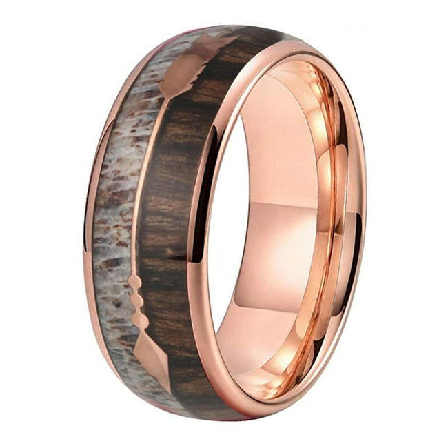 Rose Gold Deer Antler and Koa Wood Arrow Inlay Tungsten Wedding Band Ring for Men