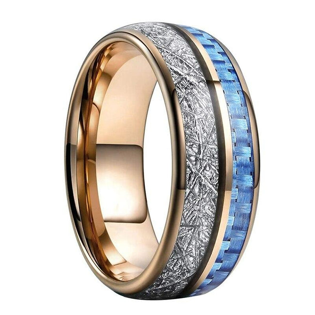 Rose Gold Meteorite and Blue Carbon Fiber Tungsten Mens Wedding Band Ring