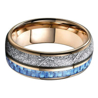 Rose Gold Meteorite and Blue Carbon Fiber Tungsten Mens Wedding Band Ring