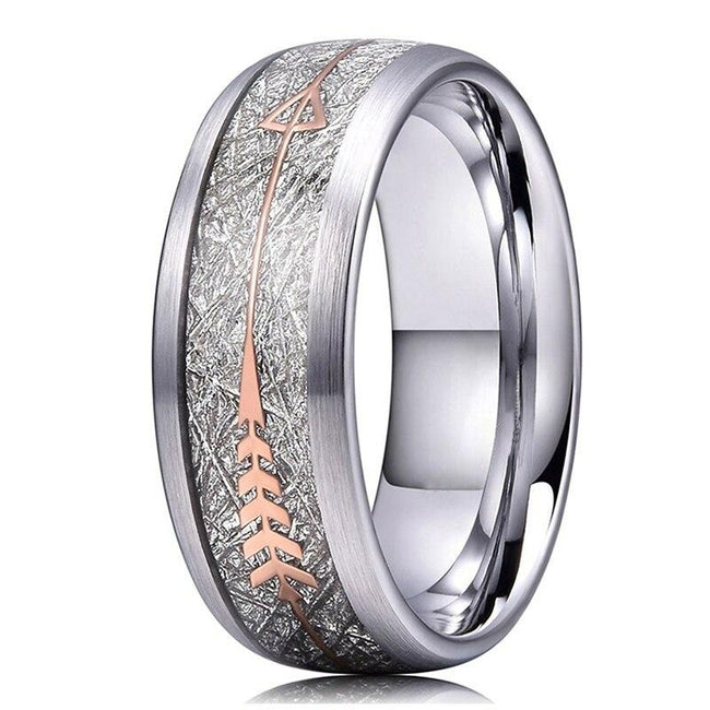 Silver Meteorite Rose Gold Arrow Tungsten Mens Wedding Band Ring