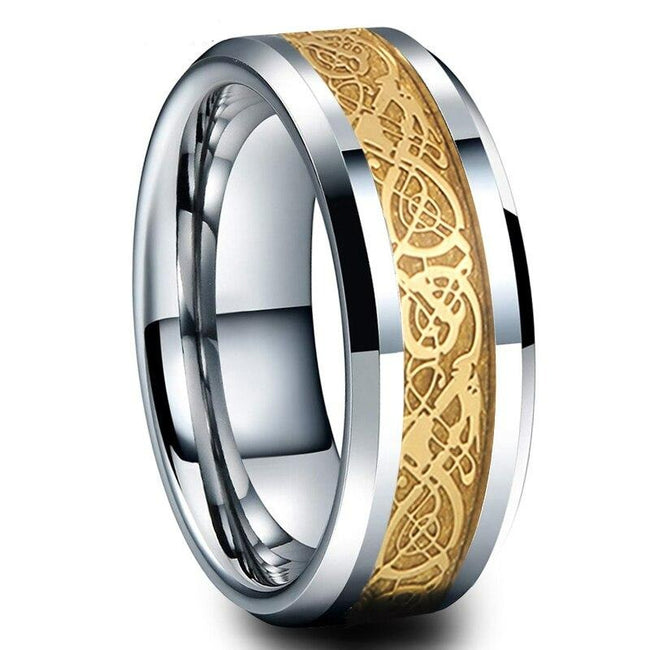 Silver Celtic Dragon Tungsten Mens Wedding Band Ring with Gold Carbon Fiber Inlay