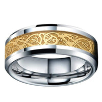 Silver Celtic Dragon Tungsten Mens Wedding Band Ring with Gold Carbon Fiber Inlay