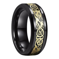 Black with Gold Celtic Dragon Tungsten Mens Wedding Band Ring
