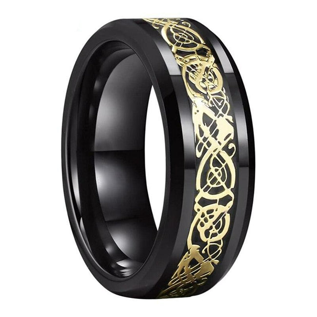 Black with Gold Celtic Dragon Tungsten Mens Wedding Band Ring