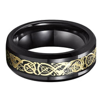 Black with Gold Celtic Dragon Tungsten Mens Wedding Band Ring