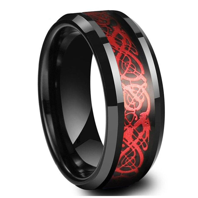 Red and Black Celtic Dragon Tungsten Mens Wedding Band Ring