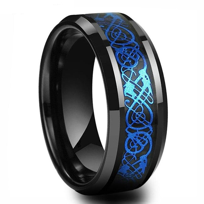 Blue and Black Celtic Dragon Tungsten Mens Wedding Band Ring