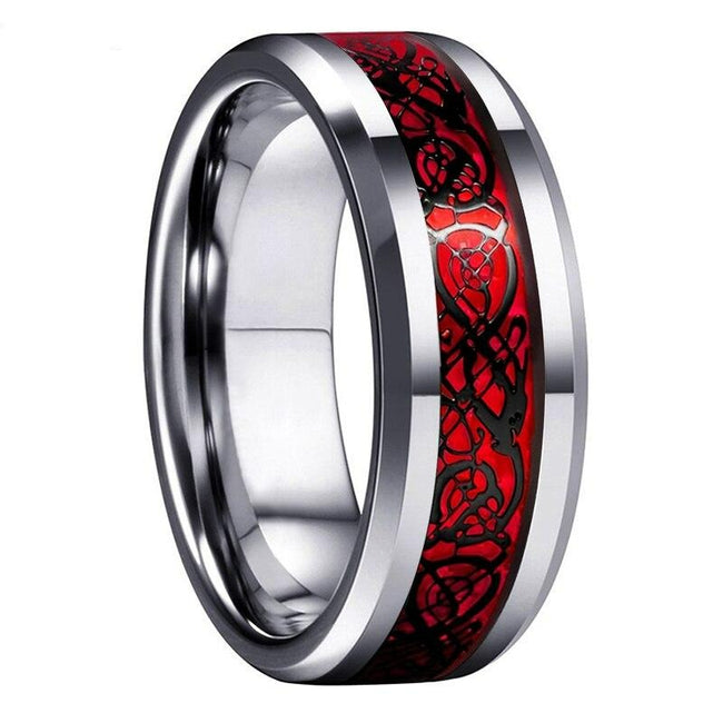 Red and Silver Celtic Dragon Tungsten Mens Wedding Band Ring