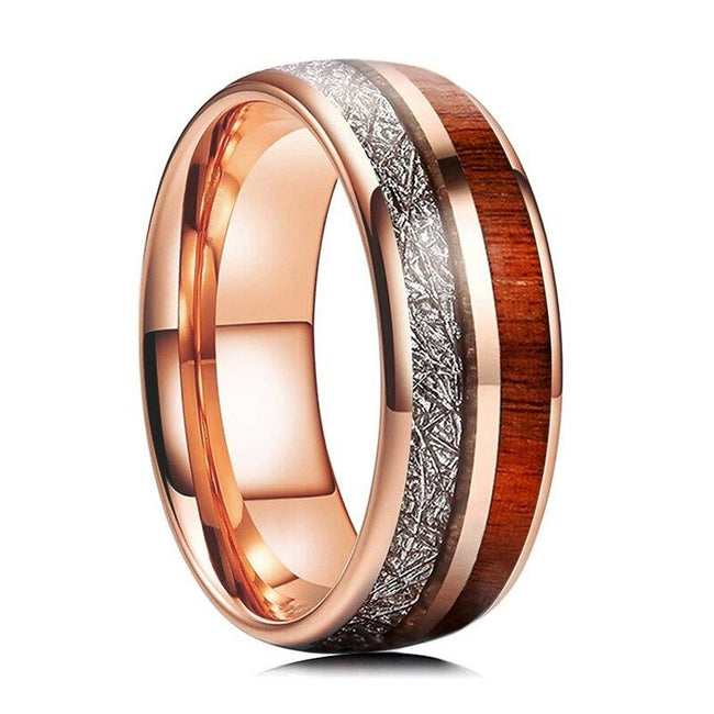 Rose Gold Meteorite and Koa Wood Inlay Tungsten Mens Wedding Band Ring