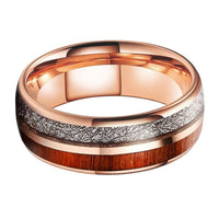 Rose Gold Meteorite and Koa Wood Inlay Tungsten Mens Wedding Band Ring