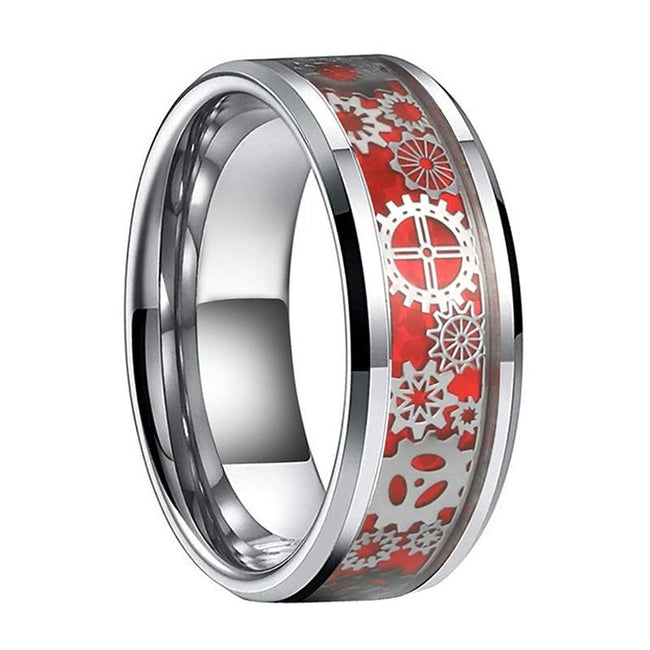 Red and Silver Gear Steampunk Clockwork Tungsten Mens Wedding Band Ring