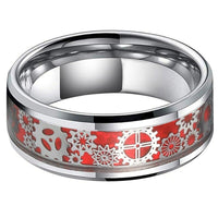 Red and Silver Gear Steampunk Clockwork Tungsten Mens Wedding Band Ring