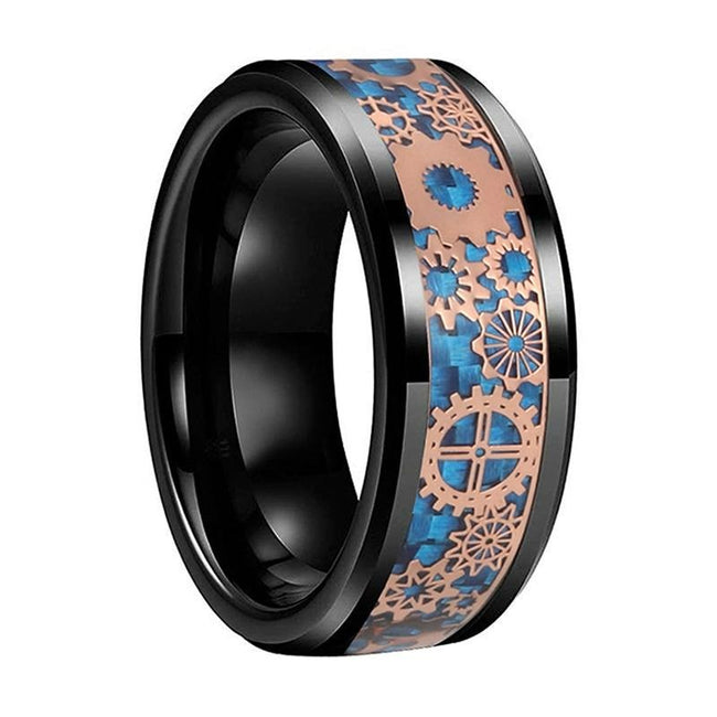 Black and Rose Gold Gear Steampunk Clockwork Tungsten Mens Wedding Band Ring with Blue Carbon Fiber Inlay